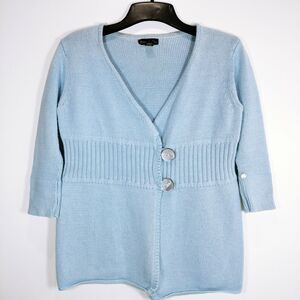 Woman’s Blue crochet 2 Button Knit sweater cardigan sz medium large 3/4 Sleeve